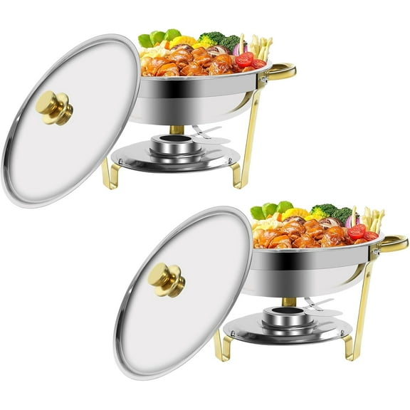 PRIJESSE Chafing Dish Buffet Set, 5QT 2 Pack Gold Stainless Steel Chafers and Buffet Warmers Sets with Lid for Catering Events Weddings Banquets