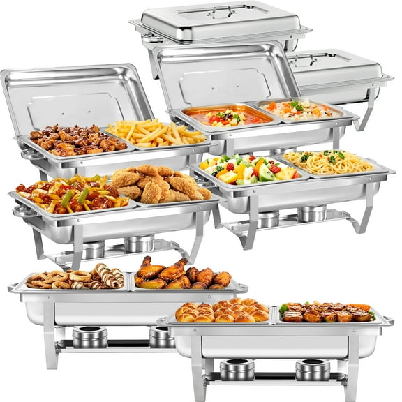 PRIJESSE Chafing Dish Buffet Set 8 Pack, 9QT Stainless Steel Chafing Dishes for Buffet, Chafers and Buffet Warmers Sets for Events, Wedding, Camping, Dinner, with 1/2 Size Pan