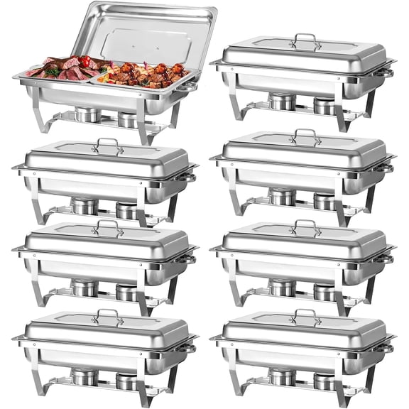 PRIJESSE Chafing Dish Buffet Set 8 Pack, Chafing Dishes for Buffet with 1/2 Size Food Pan, 9 QT Chafing Dish Set with Foldable Frame for Buffets Banquets
