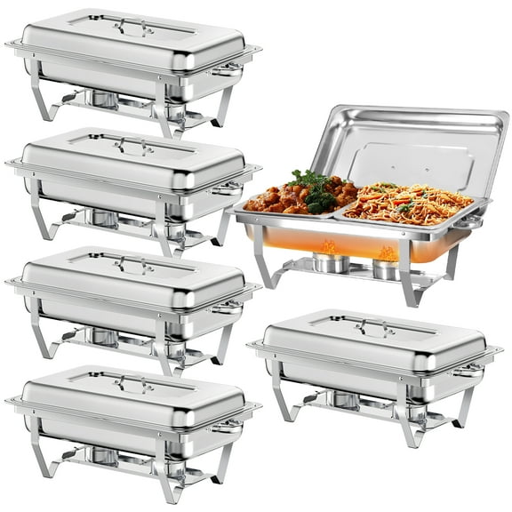 PRIJESSE Chafing Dish Buffet Set 8QT, Stainless Steel Chafers and Buffet Warmers Sets 2 Compartment, Stackable & Foldable Food Warmers for Party & Events 6 PACK