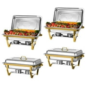 PRIJESSE Chafing Dishes for Buffet 4 Pack,9QT Elegant Gold and Silver Colors Stainless Steel Chafing Dish Buffet Set Chafers and Buffet Warmers Sets for Any Party with Complete Set