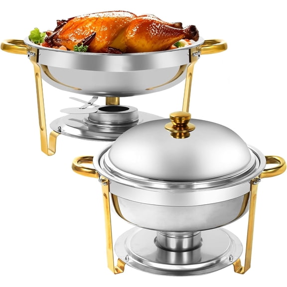 PRIJESSE Chafing Dishes for Buffet 2 Pack, 6QT Round Chafing Dishes for Buffet Stainless Steel Chafing Dish Buffet Set for WeddingGold