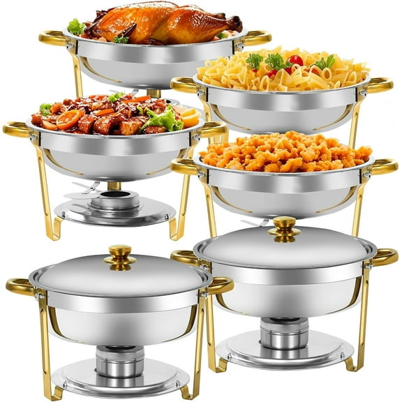 PRIJESSE Chafing Dishes for Buffet 6 Pack, 5QT Round Chafing Dishes for Buffet Stainless Steel Chafing Dish Buffet Set for WeddingGold