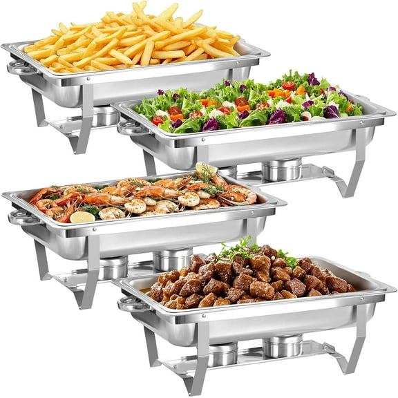 PRIJESSE Chafing Dishes for Buffet 9QT, Easy Assembly, Food-Grade Stainless Steel Chafers for Catering with Rolled Edge Design 4 PACK