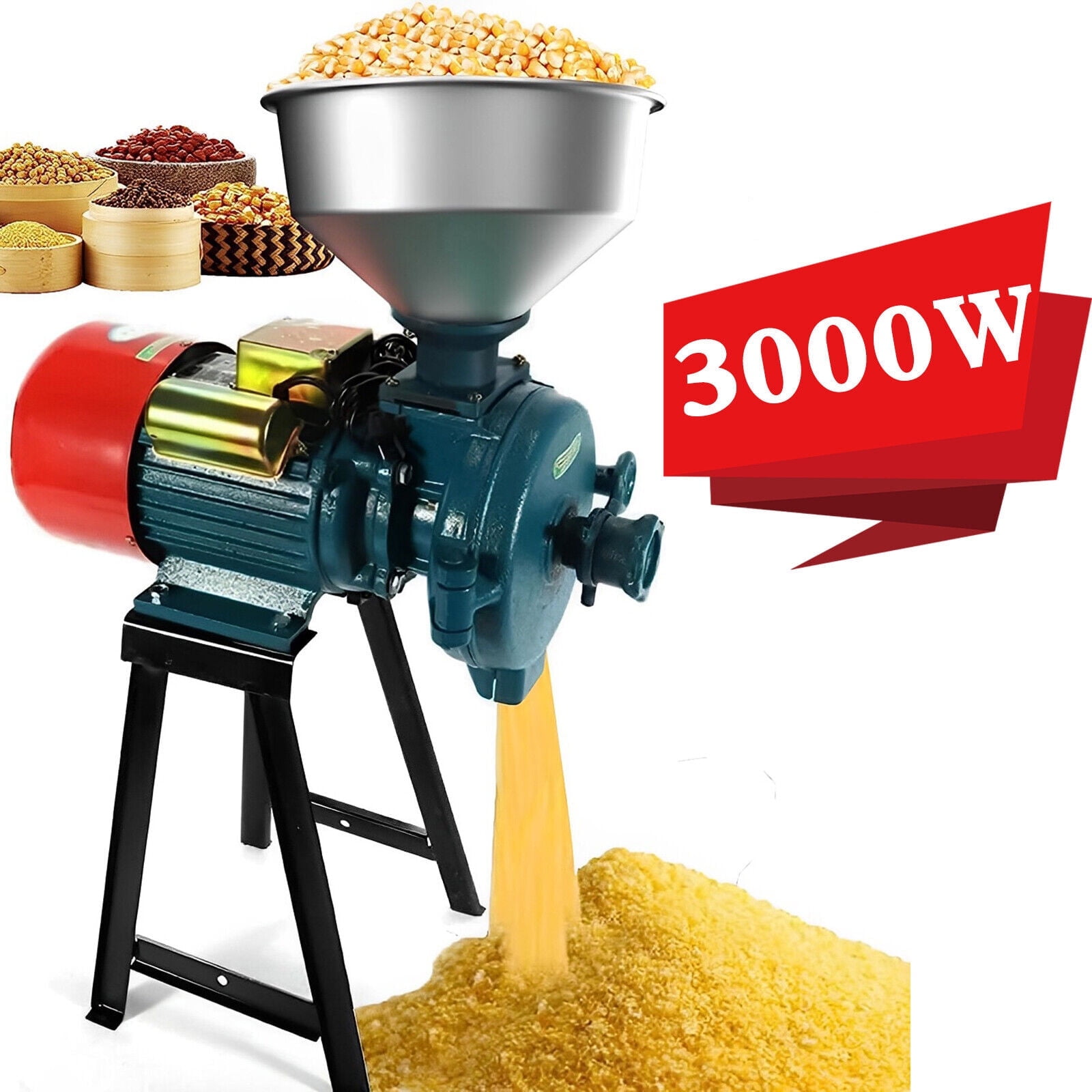 PRIJESSE Electric Grain Grinder Mill 110V 3000W Wet Dry Corn Grinder Commercial Feed Mill Dry Cereals Wheat Grinder W/ Funnel