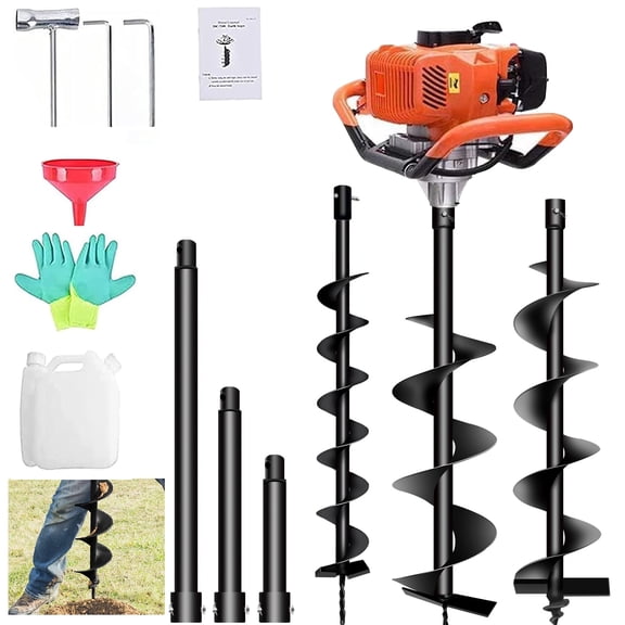 PRIJESSE Post Hole Digger Auger Gas Powered 72CC 2.2KW, Earth Hole Auger with 3 Drill Bits (4"/6"/8") & 3 Extension Rods (8"/12"/20") for Farm Garden Plant
