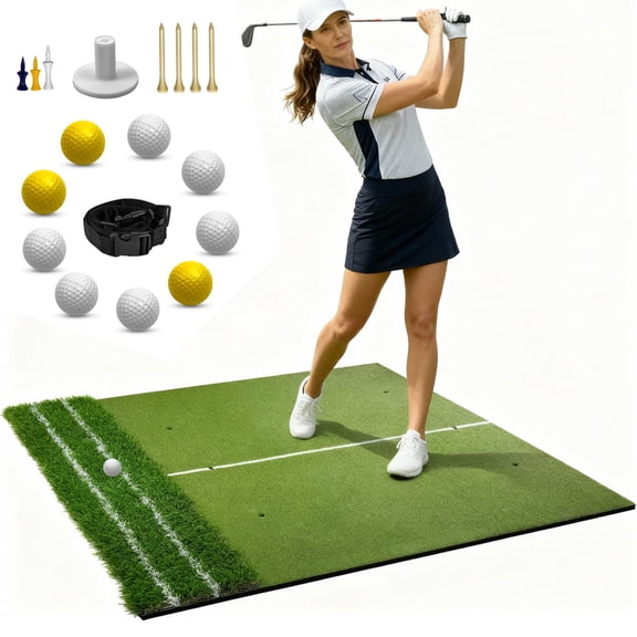 PRIJESSE 5x4ft Foldable Golf Practice Mat with Alignment Stance Guide, Dual-Turf & Cushioned Base for Wrist Protection, Portable for Indoor/Outdoor Use