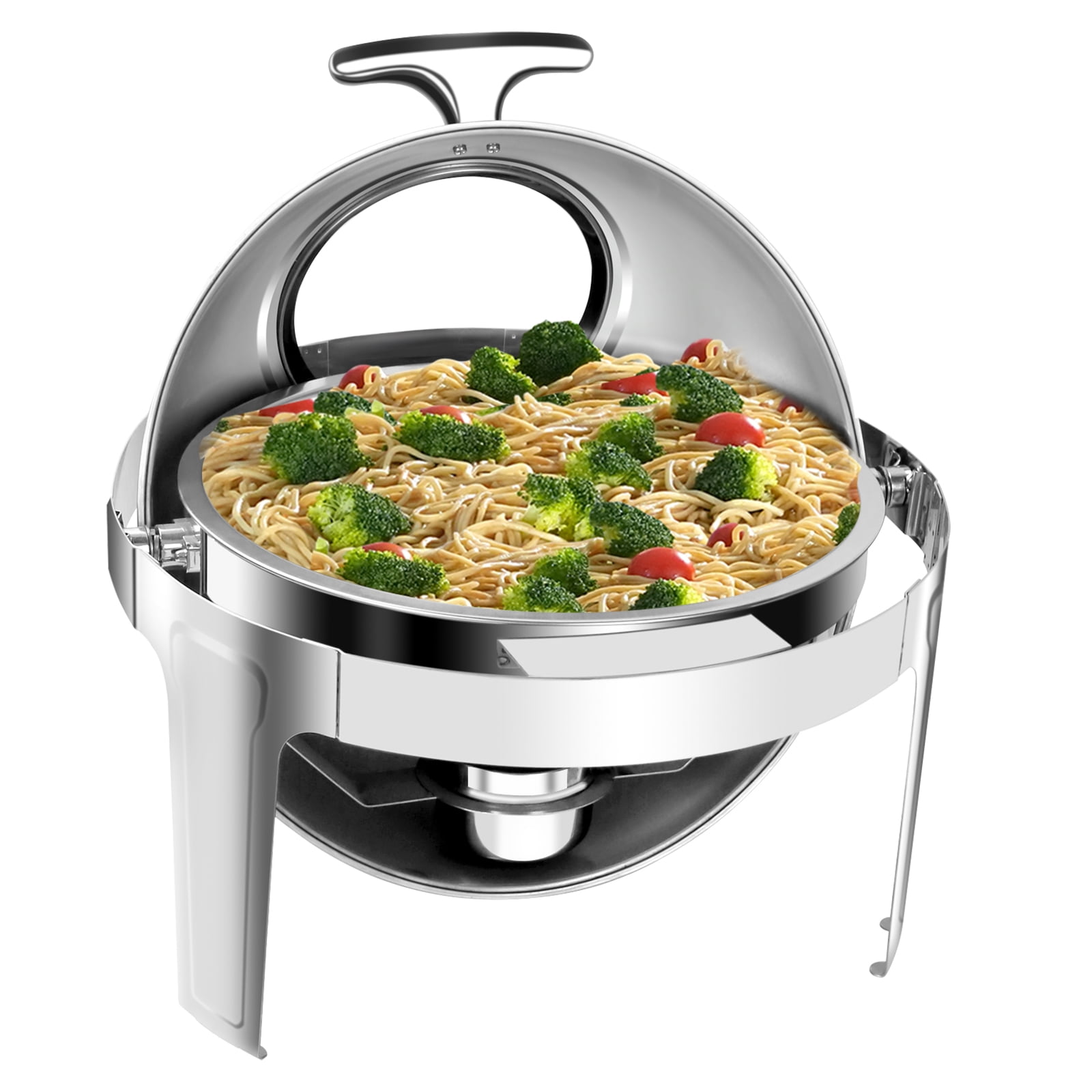 ChefQ 6qt Round Roll Top Chafing Dish Bundle - Stainless Steel Chafer With Food/Water Pan and Sectional Food Pan, Fuel Holders, Tung + Serving Spoon, Buffet Food warmer Set For catered