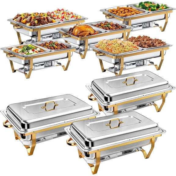 PRIJESSE Stainless Steel Buffet Warmers Set 8 Pack 9 QT Chafing Dishes for Buffet [Gold Colors] Rolled-Edge Design Chafing Dishes for Buffet for Wedding 1/2 size pan
