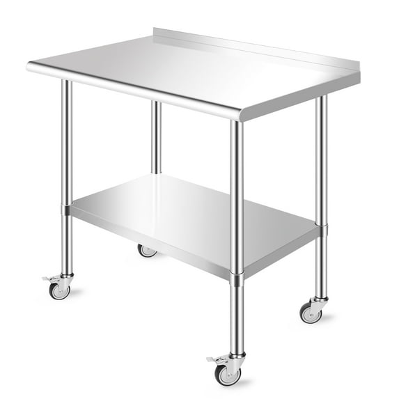 PRIJESSE Stainless Steel Commercial Kitchen Prep & Work Table with Backsplash & 4 Casters (Wheels) - 36 L x 24 W Inches