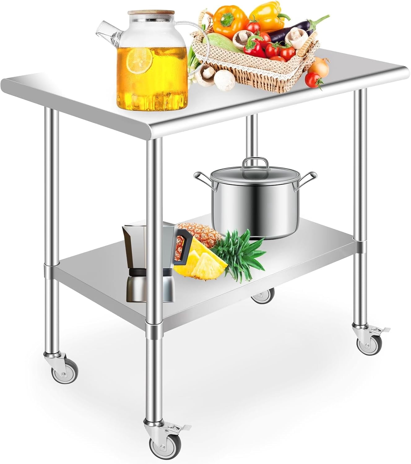 PRIJESSE Stainless Steel Work Table, 36 x 30 Inch Stainless Steel Table w/ Undershelf, Casters, Commercial Kitchen Work & Prep Table
