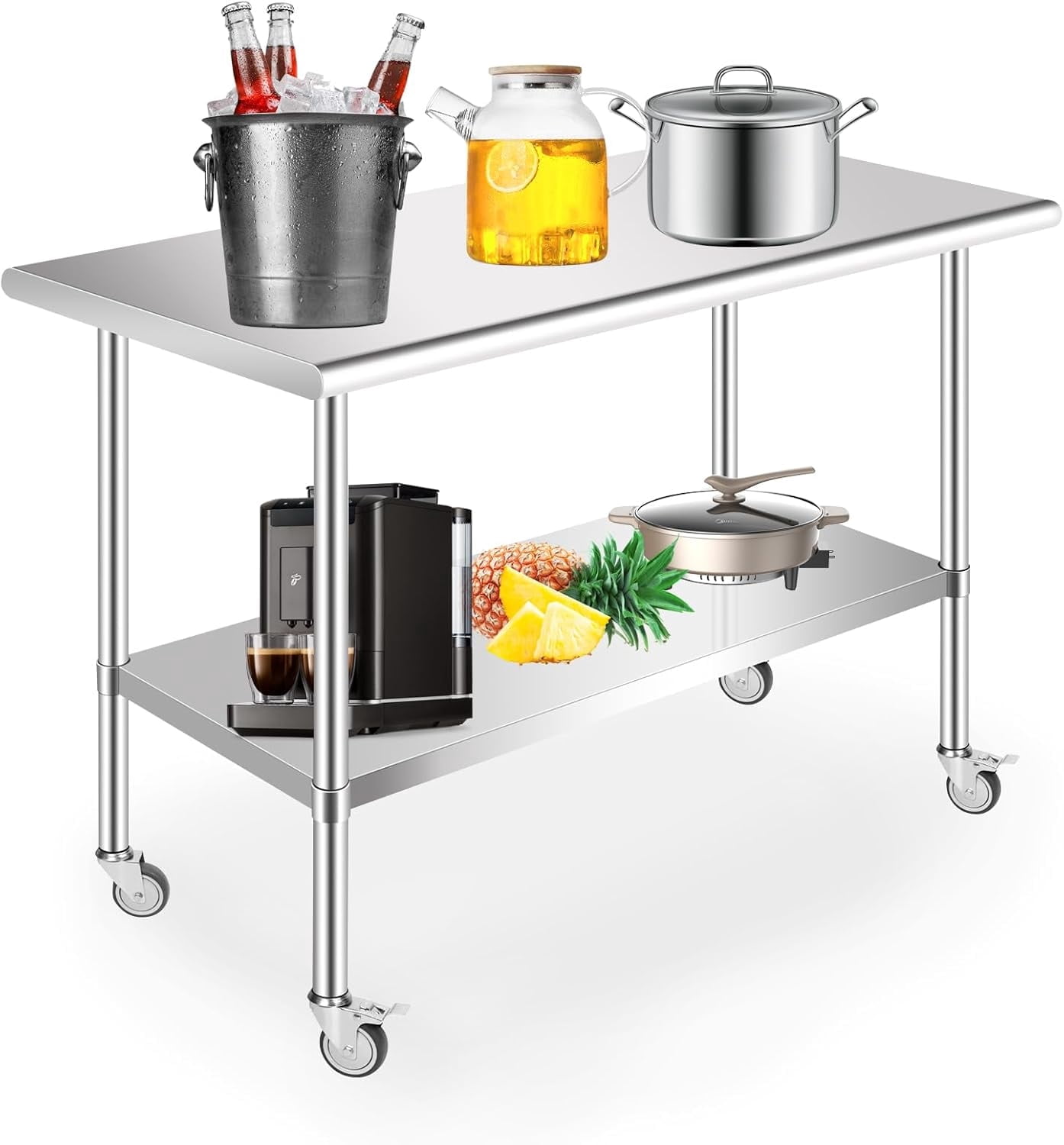 PRIJESSE Stainless Steel Work Table 48 x 30 Inch Stainless Steel Table w/ Undershelf, Casters, Commercial Kitchen Work & Prep Table