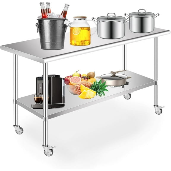 PRIJESSE Stainless Steel Work Table 60 x 30 Inch Stainless Steel Table w/ Undershelf, Casters, Commercial Kitchen Work & Prep Table