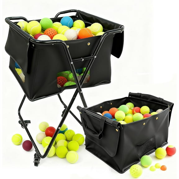 PRIJESSE Tennis Ball Hopper Cart Foldable Large Capacity Pickleball Tennis Ball Collector for Court Training & Coaching with 4 Wheels Portable