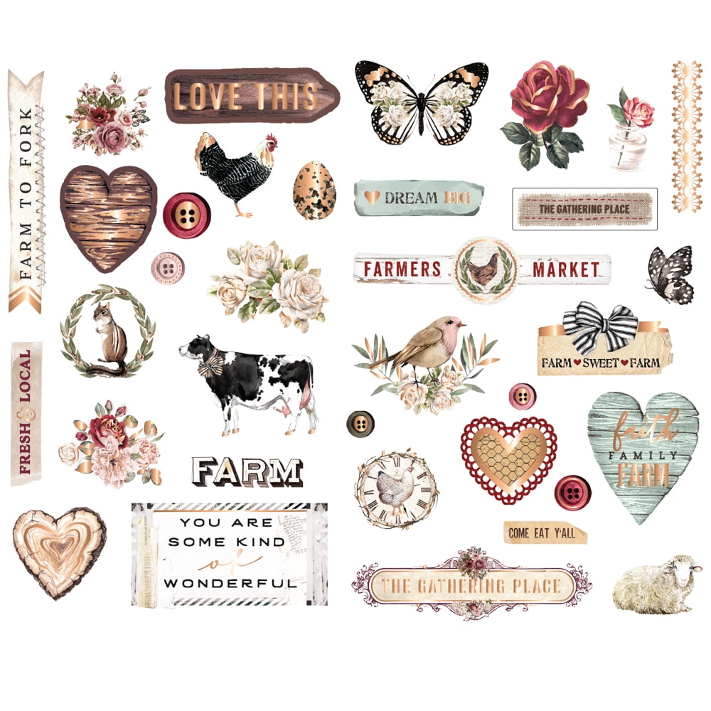 Farm Sweet Farm Chipboard Stickers 35/Pkg-Shapes W/Foil Accents