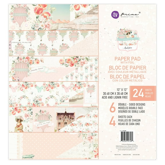 Prima Marketing Double-Sided Paper Pad 12"X12" 24/Pkg-Peach Tea, 6 Foiled Designs/4 Each