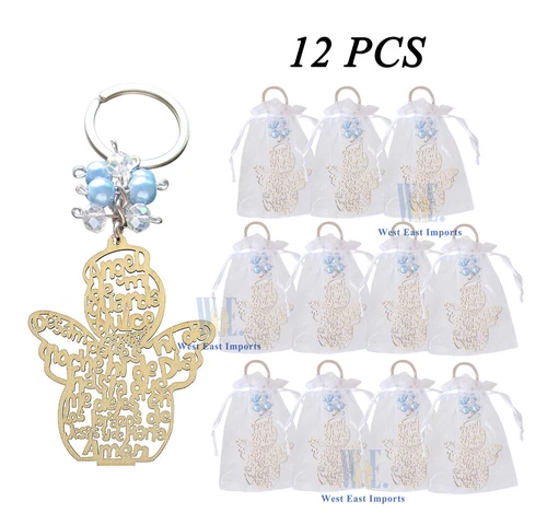 PRIME - 12Pcs Baptism Favor Boy Christening Thin Wood Angel Design Keychain Jk179-Blue