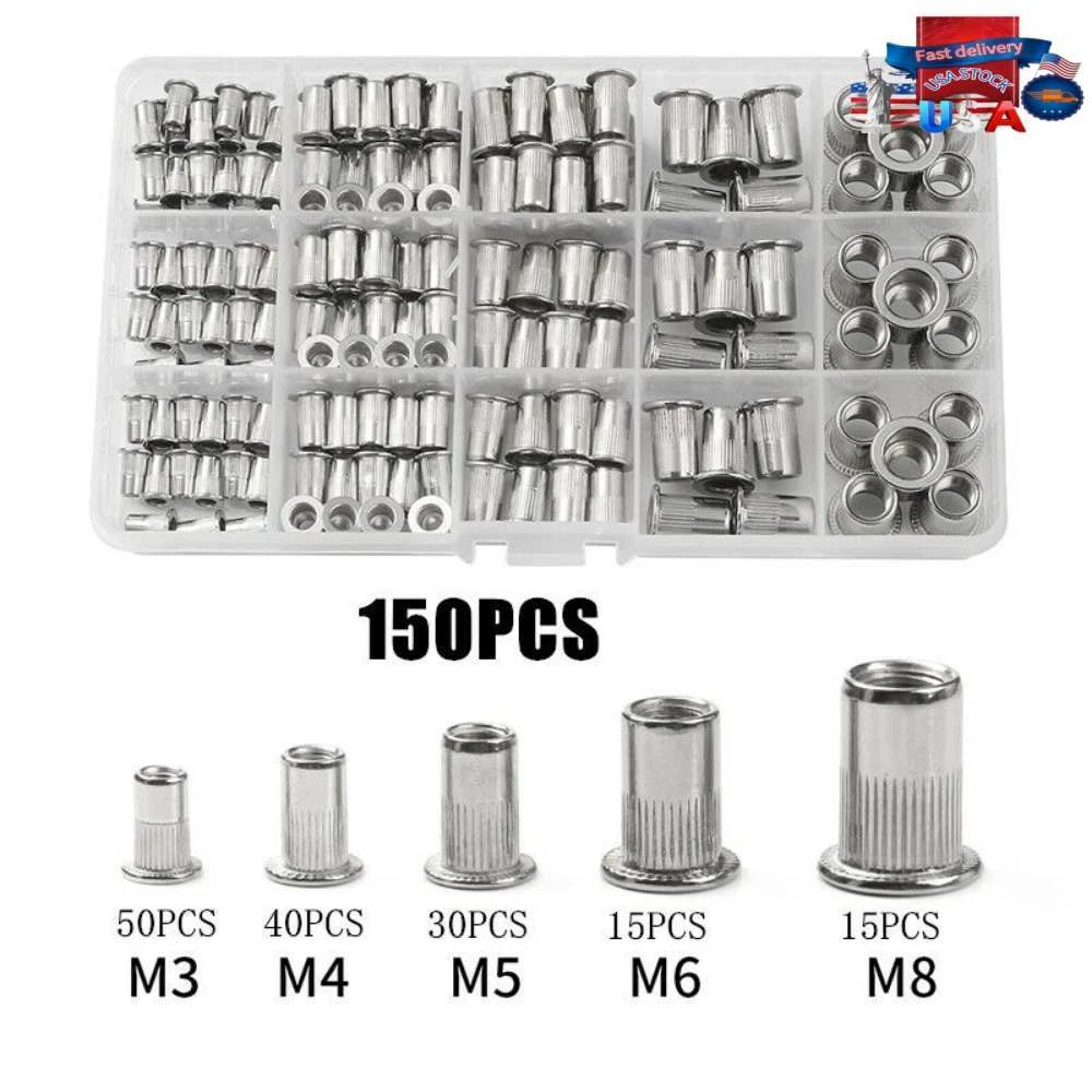 PRIME - 150Pcs Rivet Nut Flat Head Threaded Insert Aluminum Nutsert Set Kit