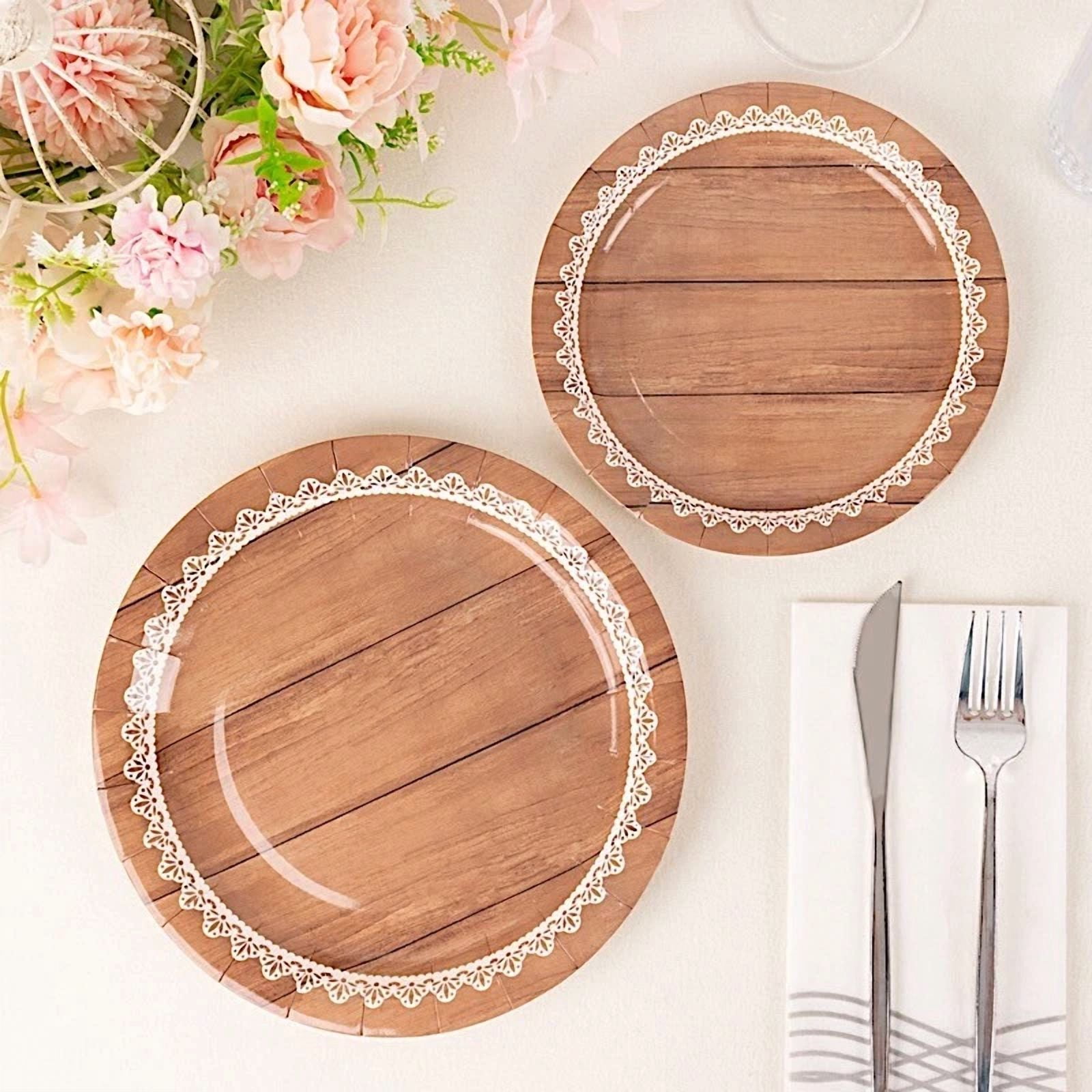 PRIME - 25 Brown 9 In Wood Print Floral Lace Disposable Salad Dinner Paper Plates Party