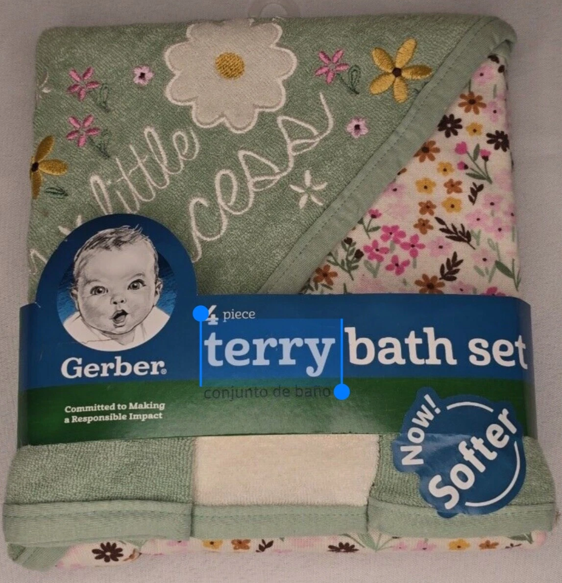 PRIME - Baby Girl Princess Bath Set Hooded Towel & 3 Washcloths Nip Gerber Green Floral