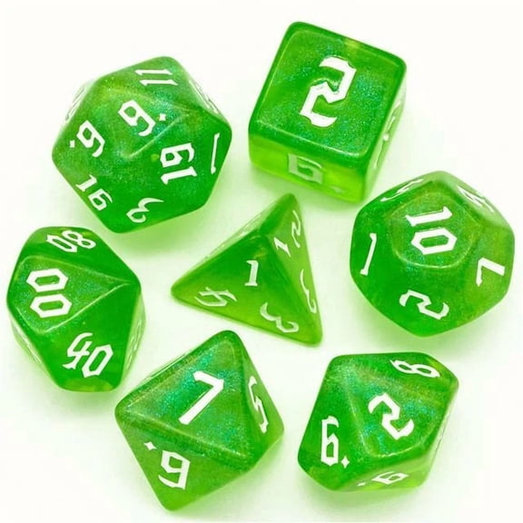 PRIME- Deep Green Glitter Party Dice (White Font) 7-Dice Set Rpg Dnd