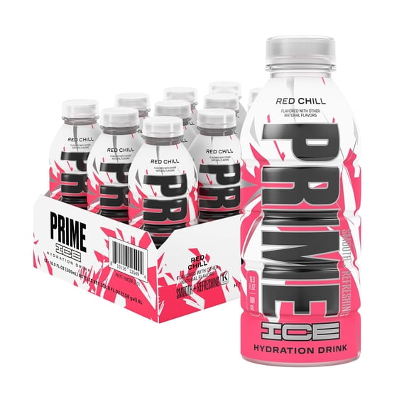 PRIME Hydration ICE RED CHILL, Sports Drinks, Electrolyte Enhanced for Ultimate Hydration, 250mg BCAAs, B Vitamins, Antioxidants, Low Sugar, 16.9 Fl Oz, 12 Pack