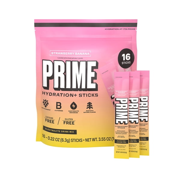 PRIME Hydration+ Strawberry Banana Electrolyte Powder Sticks, Sugar Free, 16 Count