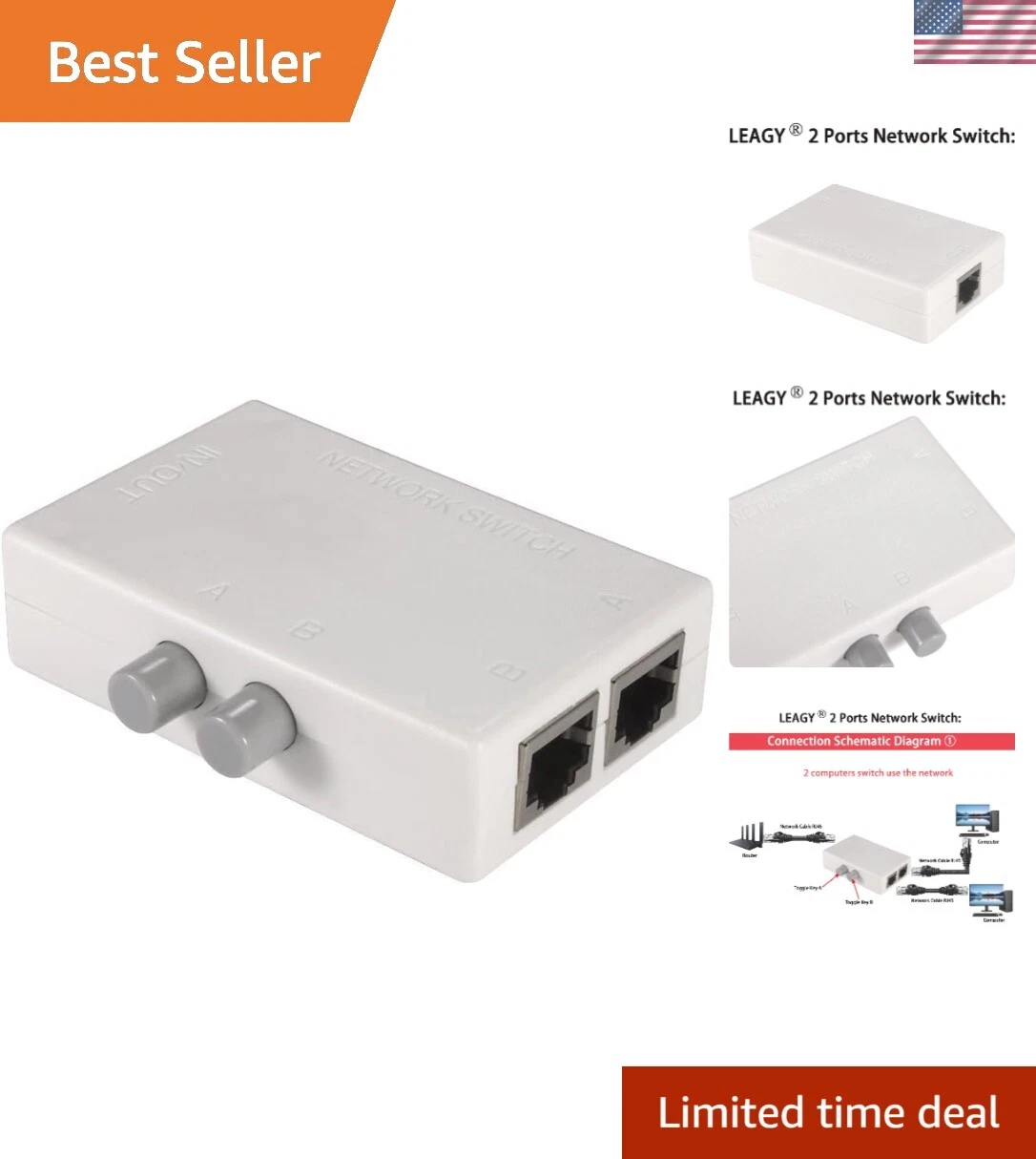 PRIME - Mini Network Switch Hub 2 Ports, Touch Control Design – Ideal For Home Office