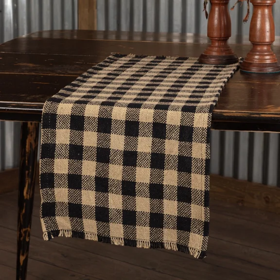 PRIME - Table Runner Burlap Black Check Primitive 13X48 Rect Fringed Kitchen Vhc Brands