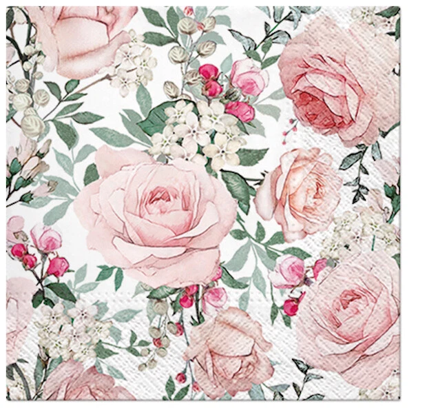 PRIME - Wedding Powder Pink Roses With White Flowers Paper Lunch Napkins 40Pcs Decoupage