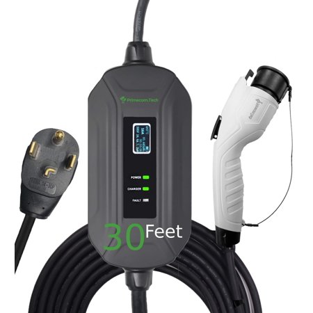 PRIMECOM Level 2 Electric Vehicle (EV) Charger (220V / 240Volt, 16Amp) Portable EVSE Smart Electric Car Charger, 30', 40', and 50 Feet Lengths (30 Feet, 14-30P)