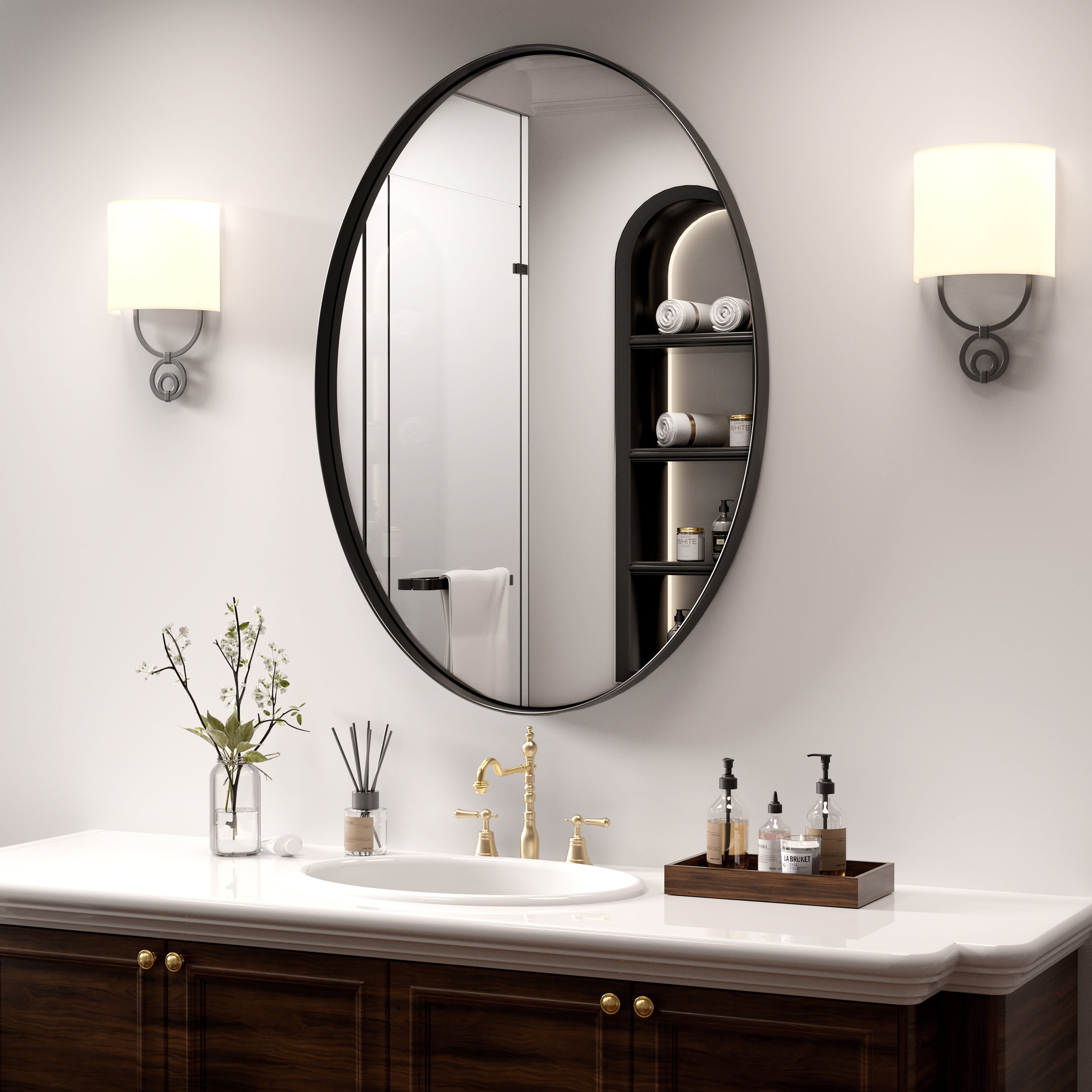 PRIMEPLUS Modern Wall Mirrors, Oval Mirror with Stainless Steel Framed, Bathroom Mirror with ...