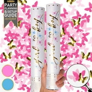 PrimePure Gender Reveal Confetti Cannon – 2 Pack, Pink, Butterfly Paper Confetti