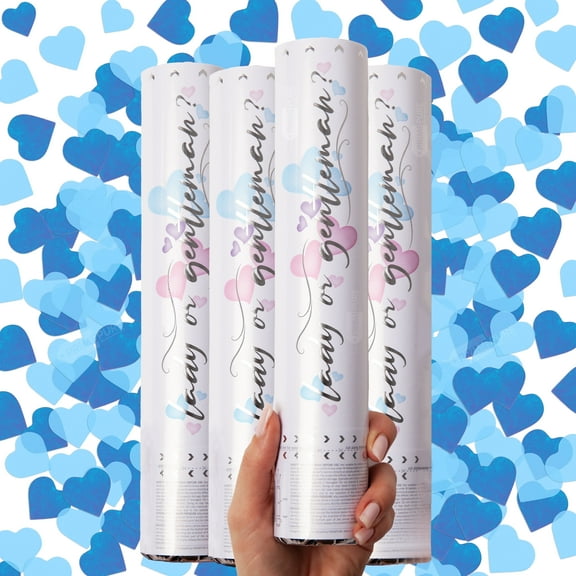 PrimePure Gender Reveal Confetti Cannon – 4 Pack, Blue, Heart Paper Confetti