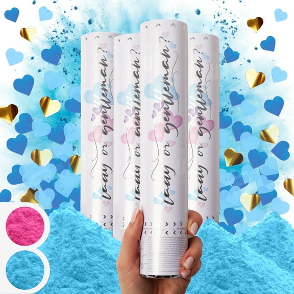 PrimePure Gender Reveal Confetti Cannon – 4 Pack, Blue, Heart & Powder Mix