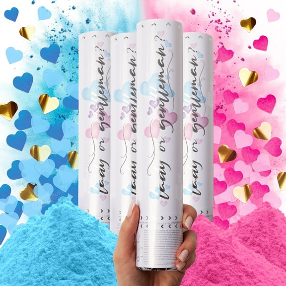 PrimePure Gender Reveal Confetti Cannon – 4 Pack, Pink & Blue, Heart & Powder