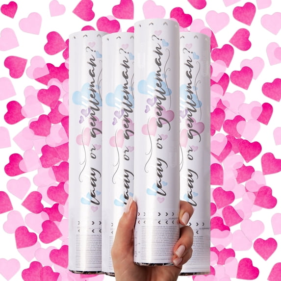 PrimePure Gender Reveal Confetti Cannon – 4 Pack, Pink, Heart Paper Confetti for Baby Girl