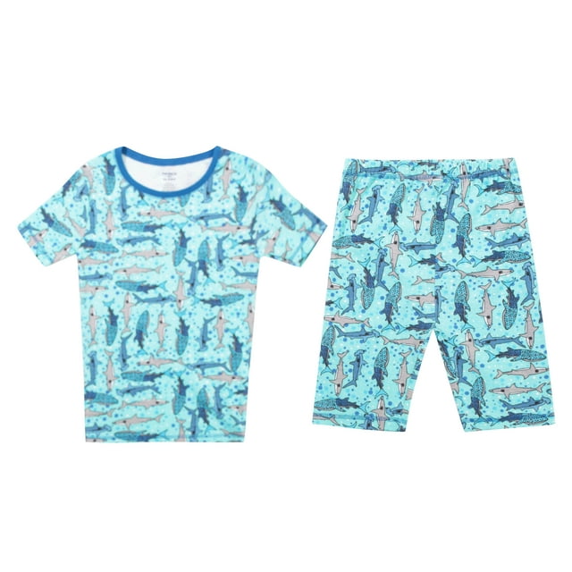 PRINCE OF SLEEP Boys' Short Sleeve Cotton Pajama Sets (Blue - Sharks Short Sleeve With Short, 10-12 Years)