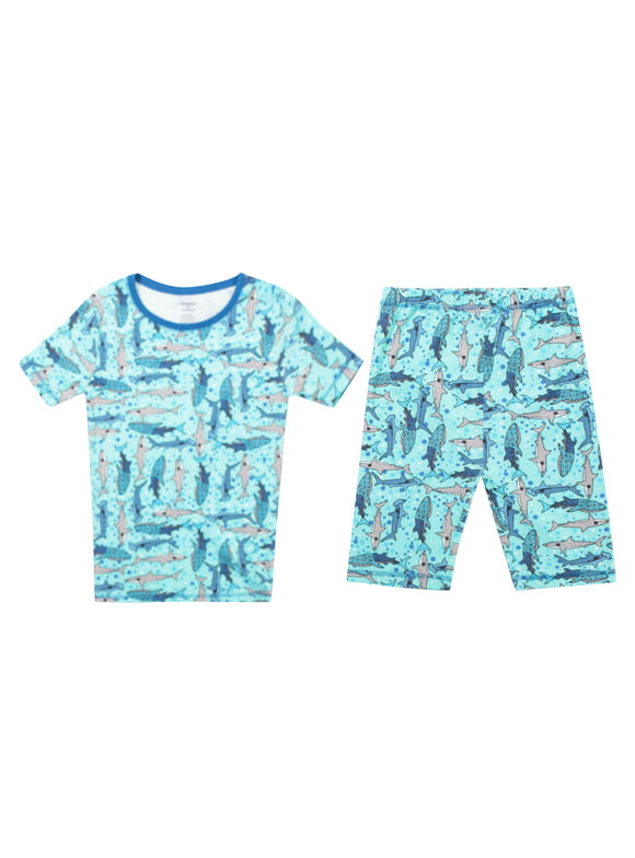 PRINCE OF SLEEP Boys' Short Sleeve Cotton Pajama Sets (Blue - Sharks Short Sleeve With Short, 10-12 Years)
