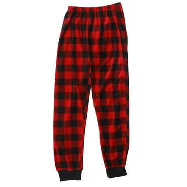 PRINCE OF SLEEP Plush Pajama Pants - Fleece PJs for Boys (Red Buffalo Plaid Jogger, 8 Years)
