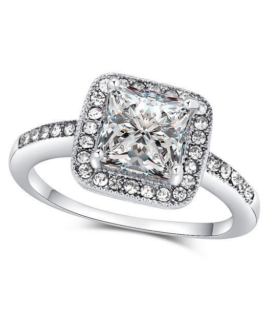 Princess Cut Cubic Zirconia Halo Fashion Ring with Pavé Crystal Accents in Silver Tone