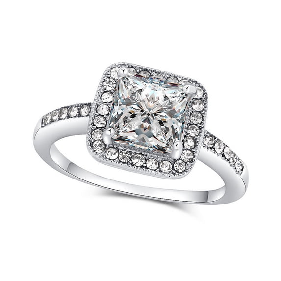 Princess Cut Cubic Zirconia Halo Fashion Ring with Pavé Crystal Accents in Silver Tone