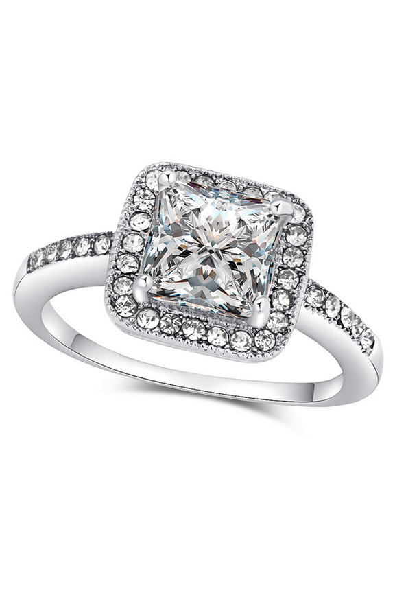 Princess Cut Cubic Zirconia Halo Fashion Ring with Pav Crystal Accents in Silver Tone