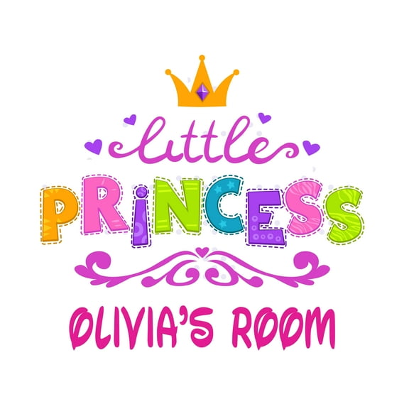 PRINCESS - Removable Multicolored Crown Little Princess Lettering Art Decoration Sticker Personalized Name Design Kids Girls Bedroom Wall Decal 20" x 18"