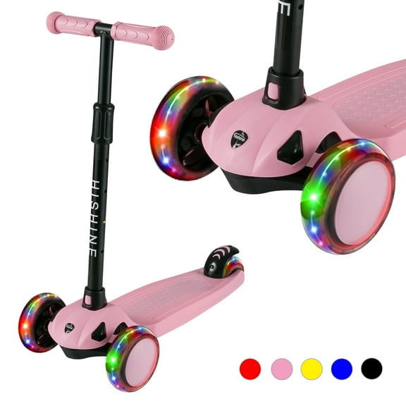 PRINIC 3 wheel Kick Scooter for Kids with Light-up Wheels and Adjustable Height for 2-7 Years Old Ages Girls Boys Toddlers & Children, Lean to Steer, Pink