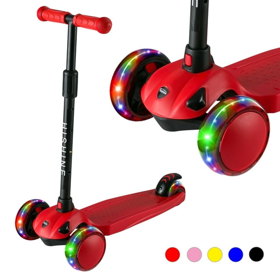 PRINIC 3 wheel Kick Scooter for Kids with Light-up Wheels and Adjustable Height for 2-7 Years Old Ages Girls Boys Toddlers & Children, Lean to Steer, Red