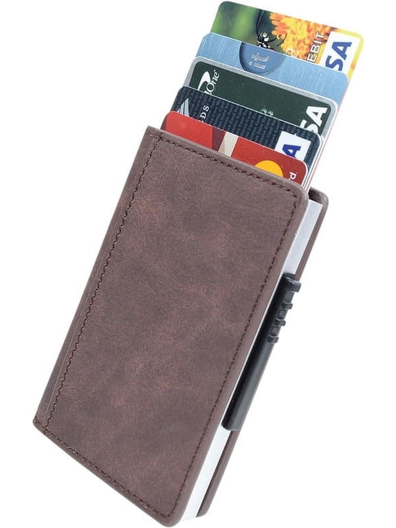 Leather Wallet with Metal Case Credit Card Holder with Magnetic Lock (Up to 5 Cards), Plastic Switch with 2 Slots, Minimalist Slim Wallet for Men Women, Holds Cards ID Cash (Coffee)