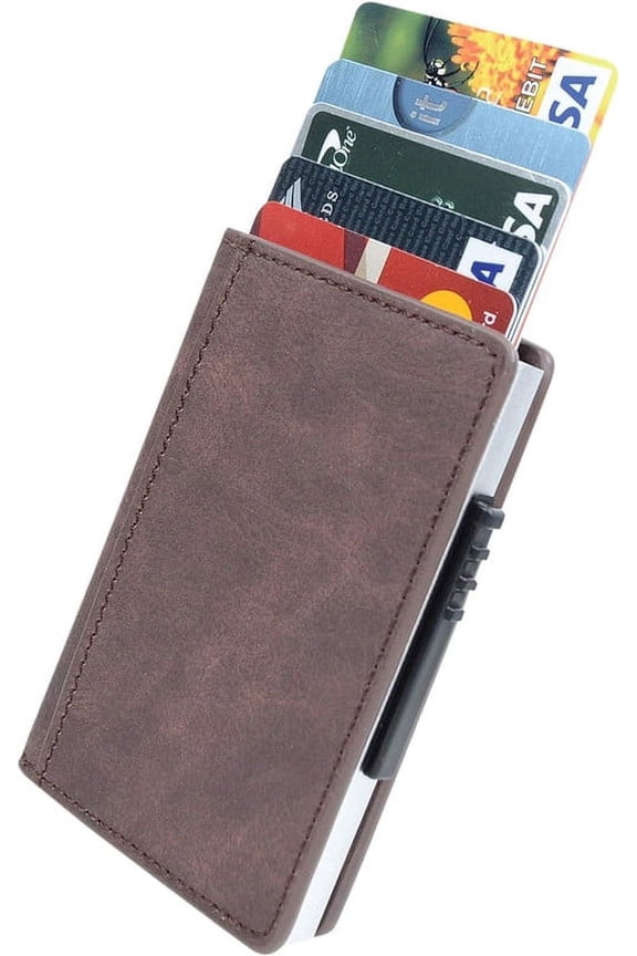 Leather Wallet with Metal Case Credit Card Holder with Magnetic Lock (Up to 5 Cards), Plastic Switch with 2 Slots, Minimalist Slim Wallet for Men Women, Holds Cards ID Cash (Coffee)