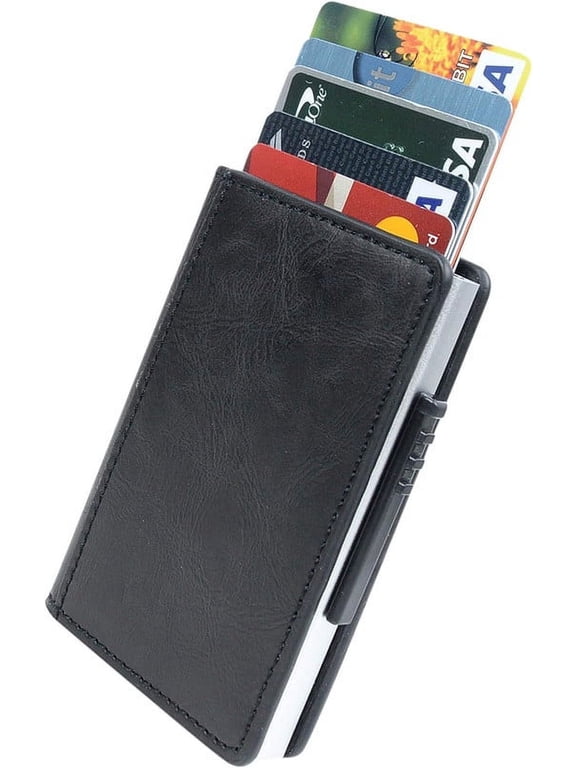 Leather Wallet with Metal Case Credit Card Holder with Magnetic Lock (Up to 5 Cards), Plastic Switch with 2 Slots, Minimalist Slim Wallet for Men Women, Holds Cards ID Cash (Black)