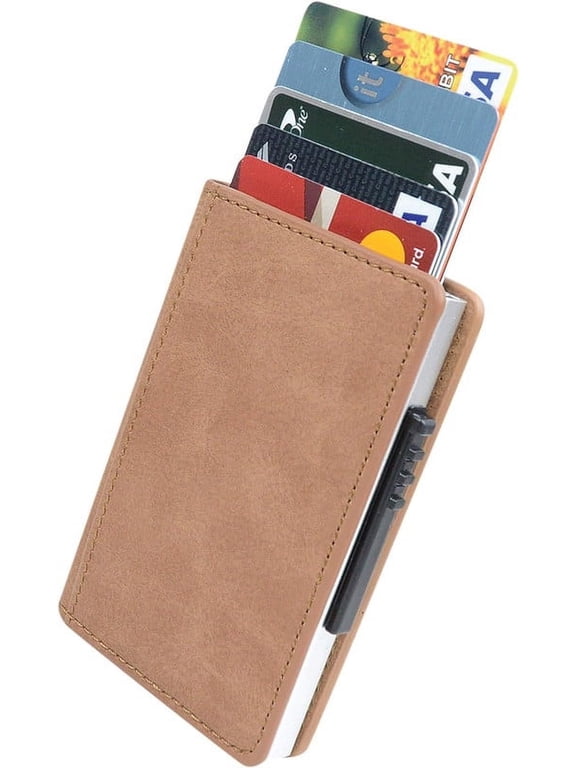 Leather Wallet with Metal Case Credit Card Holder with Magnetic Lock (Up to 5 Cards), Plastic Switch with 2 Slots, Minimalist Slim Wallet for Men Women, Holds Cards ID Cash (Brown)
